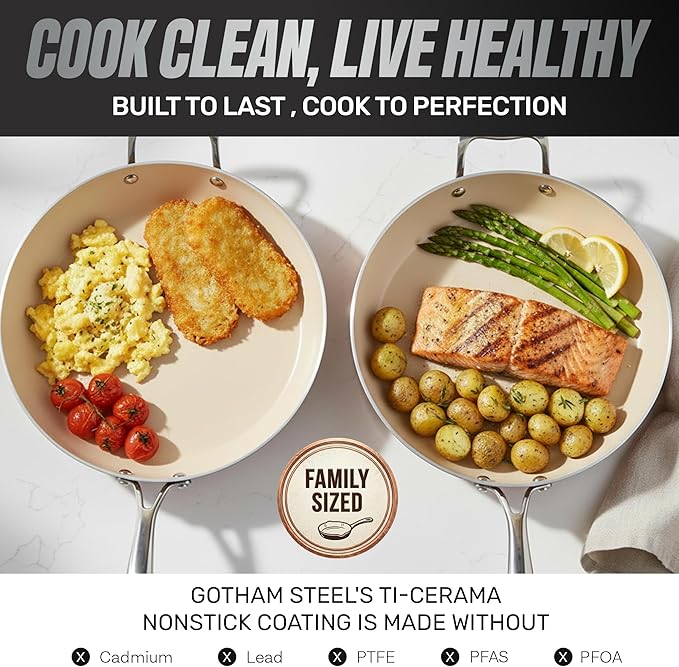 Gotham Steel Hammered 15Pcs Ceramic Cookware Set Nonstick, Induction Pots and Pans Set Non Stick with Bakeware Set & Steamer for Cooking, Non Toxic PFOA PFOS Free, Oven & Dishwasher Safe, Cream White