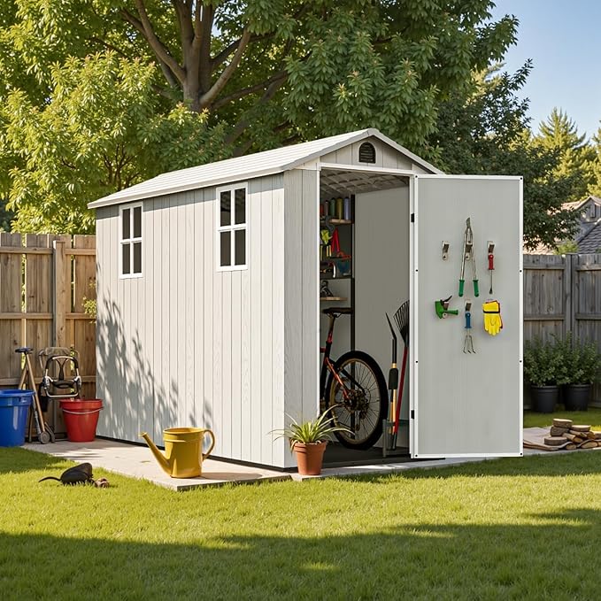 Patiowell 4 x 8 FT Plastic Outdoor Storage Shed with Floor, Garden Tool Shed with Two Windows and Single Lockable Door for Garden, Backyard, Lawn, Easy to Install, Light Grey