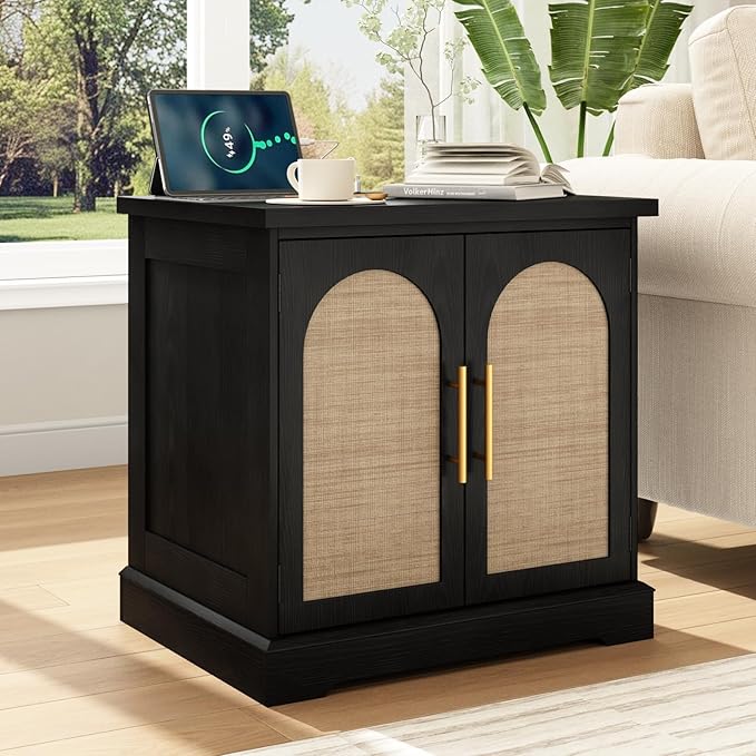 Set of 2 Rattan End Table with Charging Station, 24" Large Sofa Side Table with 2 Arched Doors, Boho Wood Square Nightstand Bedside Tables with Adjustable Storage Shelf