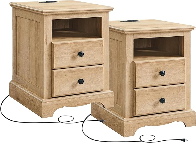 T4TREAM Nightstand with Charging Station Set of 2, Wood Rustic Sofa Side Table with Open Storage Shelf for Bedroom, 18 Inch Vintage End Table with 2 Drawers for Living Room, Natural Oak