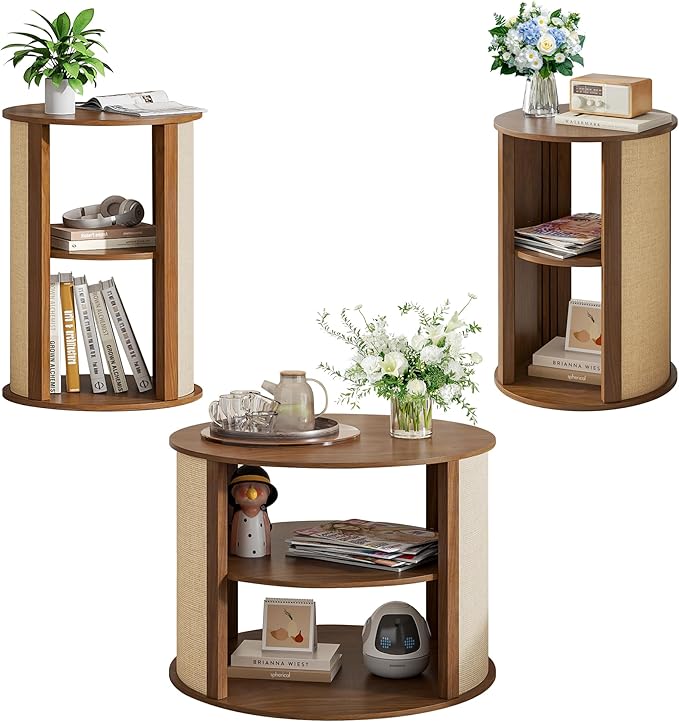 Walnut Round Coffee Table Set of 3, 2-Tier Boho Mid Century Modern Wooden Circle Center Coffee Table and End Table Sets with Adjustable Shelf, Sackcloth Finish, Farmhouse, for Living Room