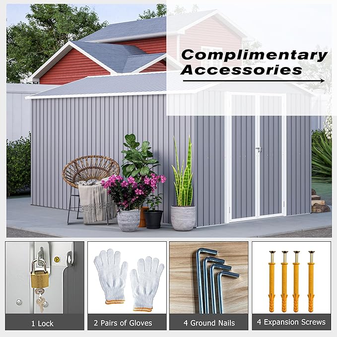 8x12 FT Sheds & Outdoor Storage with Double Doors & Floor Frame Heavy-Duty Metal Outdoor Storage Shed With Vents, Sloping Roof Waterproof Tool Sheds Perfect to Store Patio Furniture, Garden Tools Grey