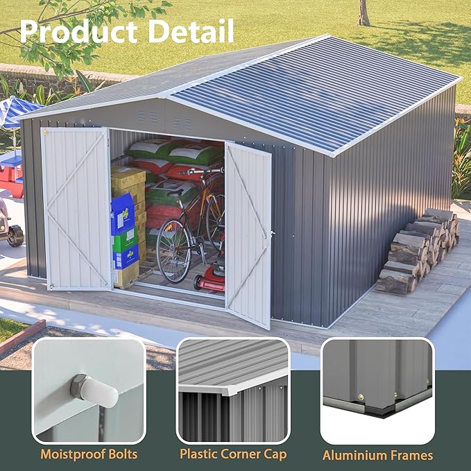11x13 FT Outdoor Metal Storage Shed with Floor Frame, 140.5 sq.ft Heavy-Duty Garden Tool Shed with Double Doors, Waterproof Roof, All-Weather Steel Utility Shed for Backyard, Lawn, Patio