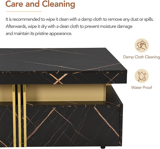 Merax 43.3" Modern Square Storage Coffee Table with 4 Drawers, with Marbling Gold Accents, Functional Center Tables for Living Room Apartment, Black