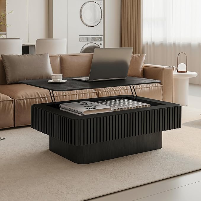 38.6" Lift Top Coffee Table, Modern Fluted Tea Table with Hidden Storage for Living Room, Apartment or Office, Black