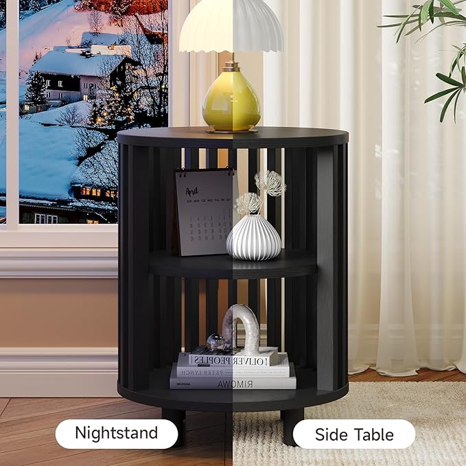 Round End Table, Wood Bedside Table, Mid Century Modern Nightstand with Open Storage Shelf, 3 Tier Small Side Tables for Living Room, Bedroom, Curved Profile Design, Black(2-Pack)