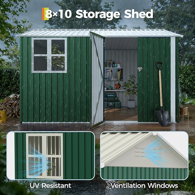 8x10 FT Outdoor Storage Shed,Metal Tool Shed with Clear Window, Lockable Doors,Large Garden Storage Box with Sloping Roof，Sheds&Outdoor Storage for Backyard Garden Patio Lawn, Navy Blue