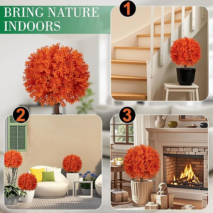 Set of 2 Artificial Orange Boxwood Topiary Ball Trees, 23" UV Resistant No Fade Outdoor Faux Fall Plants with Ground Spike, Fake Shrubs for Garden, Patio, Porch, Yard, Indoor Decor