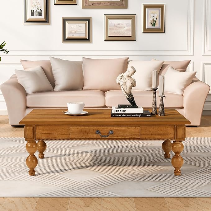 Amposei Retro Wooden Coffee Table 47’’ Vintage Cocktail Center Table with 1 Storage Drawer & Solid Wood Legs for Living Room, No Assembly, Natural