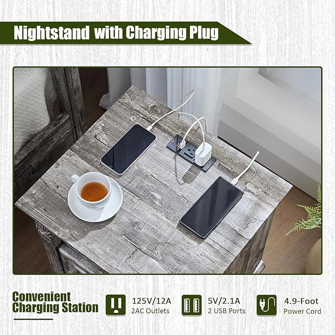 Nightstand wtih Charging Station, 20" End Table with 2 Drawers, Farmhouse Side Table Storage Cabinet with Carved Pilasters for Bedroom, Wood Rustic,Light Gray