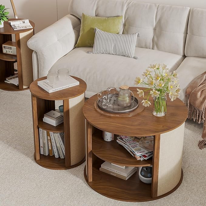 Round Coffee Table with Storage, 2-Tier Boho Mid Century Modern Wooden Center Coffee Table with Adjustable Shelf, Sackcloth Finish, Farmhouse, for Living Room, 27.5 Inches, Walnut