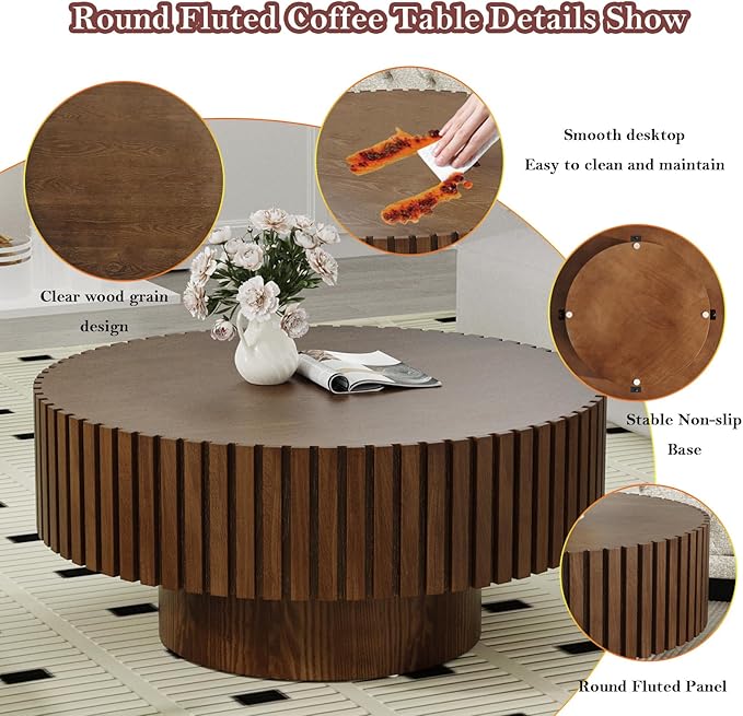 Contemporary Nesting Coffee Table Multi-Functional Stylish Round Wooden Center Table Set of 2, Smooth Tabletop & Stable Anti-Skid Leg (Round Walnut)
