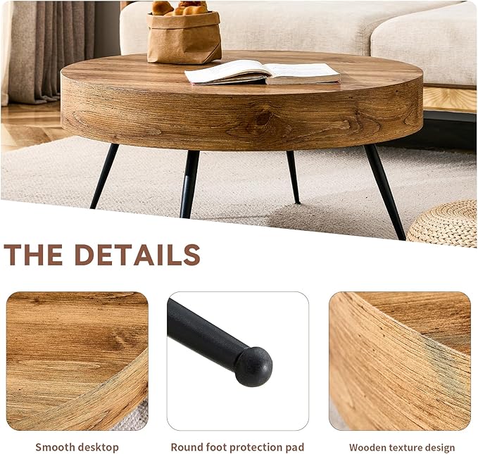 LKTART Coffee Table for Living Room, Round Wood Coffee Tables with Storage, Modern Metal Accent Center Tea Table for Apartment Small Space (31Inch-Brown)