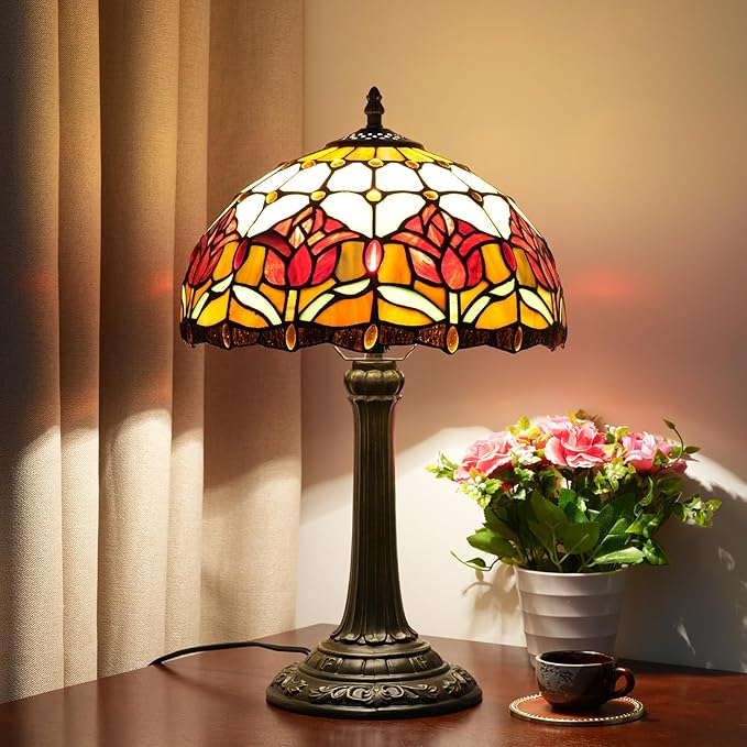 Red Tulip Tiffany Style Stained Glass Table Lamp Bed Room Bedside Reading Desk Light for Living Office Dormitory Bar Retro Unique Cute Accent Decor Cottage 12" Village Gift Nightstand Lamps
