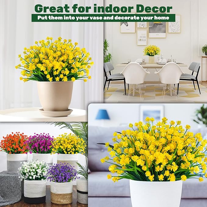 Lnoicy 20pcs Artificial Flowers for Outdoor,Plastic Flowers Decoration, UV Resistant Faux Flowers Shrubs, Artificial Plants for Indoor Outside Garden Home Wedding Farmhouse（Yellow）