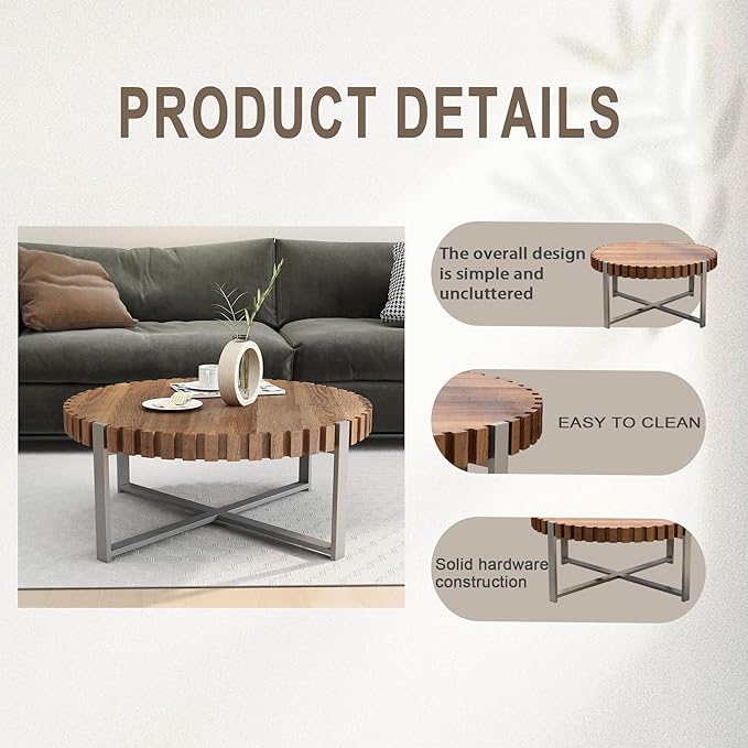 Modern Wood Round Coffee Table for Living Room, Farmhouse 31.5" Modern Compact Coffee Table, Wood Gear Table Top with Cross Metal Base, Drum Center Table for Living Room Apartment, Walnut