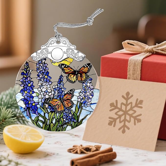 Stained Glass Ornament, Christmas Ornaments, Christmas Decorations for Tree, Holiday Ornament, Gifts for Butterfly Lovers, Holiday Party Gifts, Gift Ideas & Xmas Gift - Lavender with Butterfly
