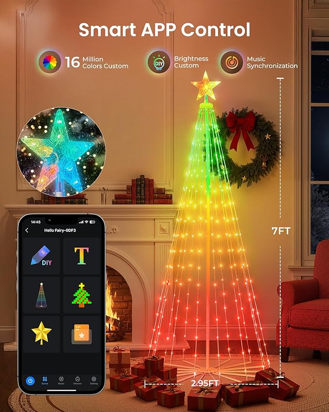 Brightown Smart Christmas Cone Tree LED Lights, 7.5ft 295 Music Sync with Remote APP and Local Control, Pattern Text Displayable, 16 Million Colors Light Show for Indoor Outdoor Decorations