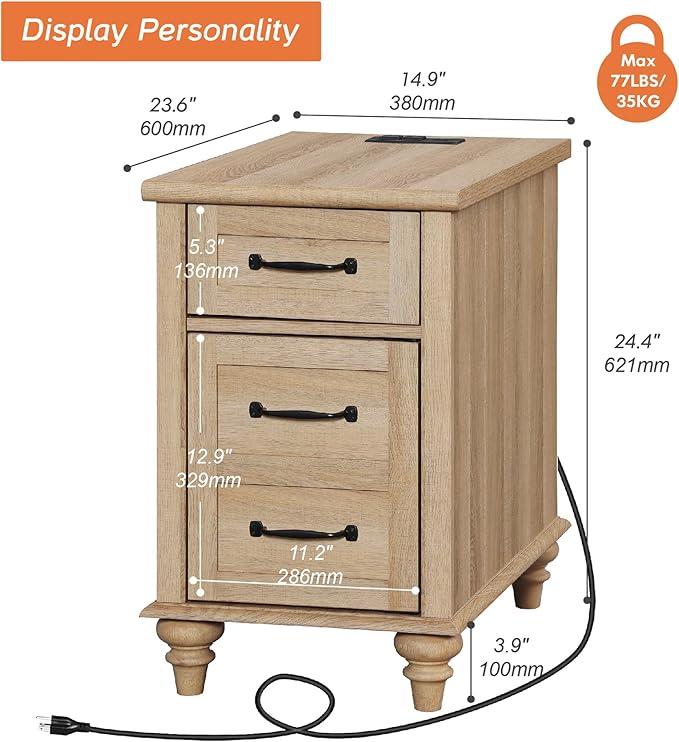 WAMPAT Farmhouse End Table with Charging Station, Light Wood Sofa Side Table with Storage Cabinet, Narrow Night Stand Bedside Table with Drawer for Living Room, Bedroom, Oak