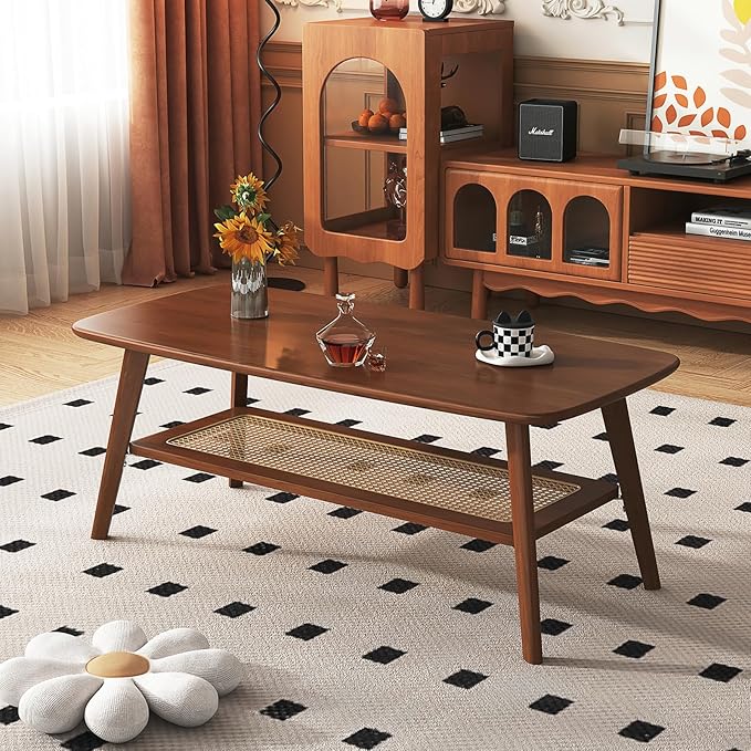 Coffee Table Small Solid Wood Center Table Mid Century Vintage Living Room Coffee Table, Walnut Rattan 39.37 Inch