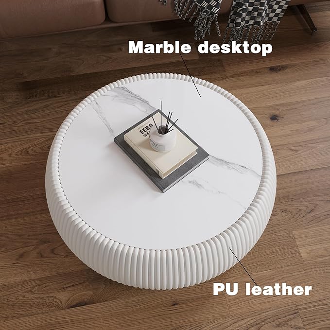 27.55" White Round Coffee Table, Drum Coffee Table with Sintered Stone Tabletop and Fluted PU Leather Covered and Stable Base, Circle Cocktail Tea Table for Living Room