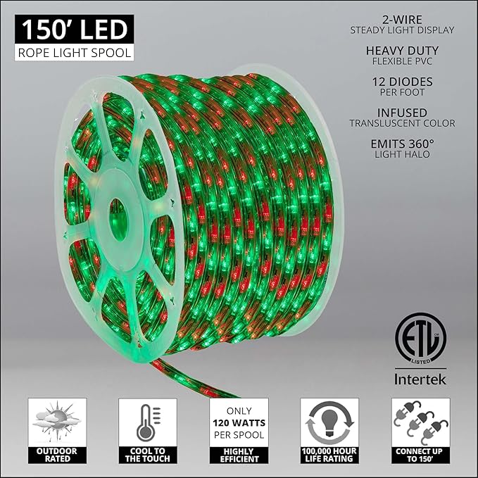Wintergreen Lighting 150' Red and Green LED Rope Light, Christmas Outdoor Light Décor - LED Rope Lighting, 120V, ½ Inch, 2-Wire - Rope Light Clips and Power Cord Included