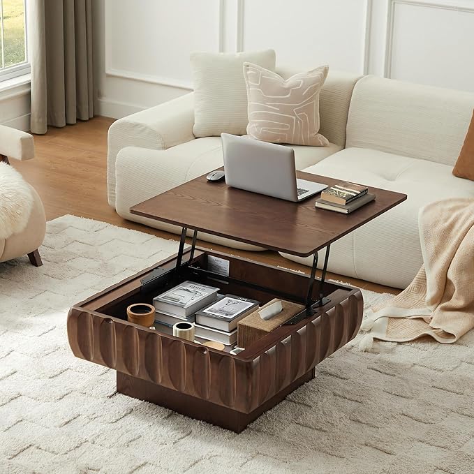 31.1" Square Lift-Top Coffee Table, Modern Fluted Tea Table with Hidden Storage for Living Room, Apartment or Office, Walnut