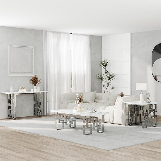 AUZ End Table, White and Silver Side Table, Square Living Room Corner Table with Polished Stainless Steel Geometric Base, Set of 4