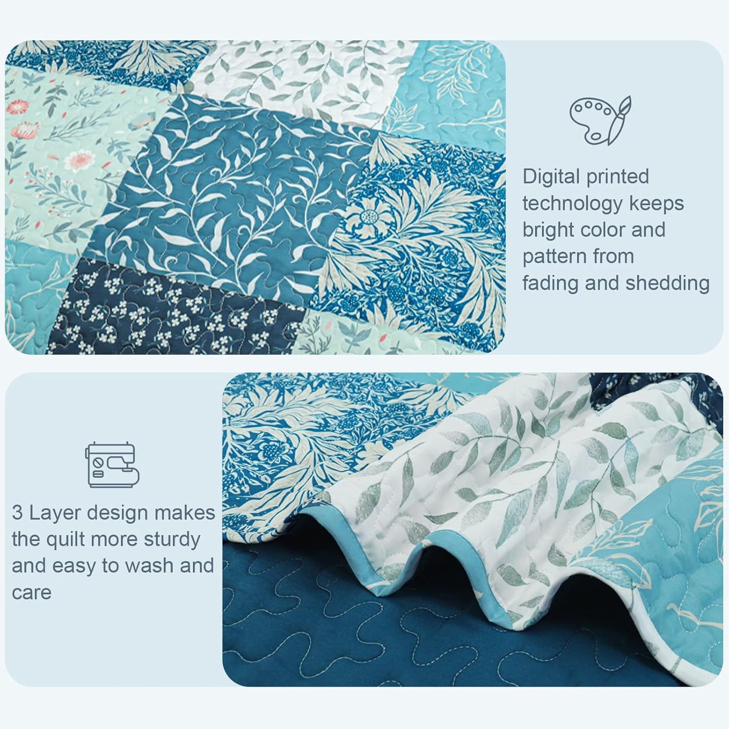 Exclusivo Mezcla Reversible Boho Quilt Set King Size, 3 Pieces Patchwork Navy Blue All Season Bedspreads, Ultra Soft Floral Coverlet Bedding Set with Printed Pattern (1 Quilt, 2 Pillow Shams)