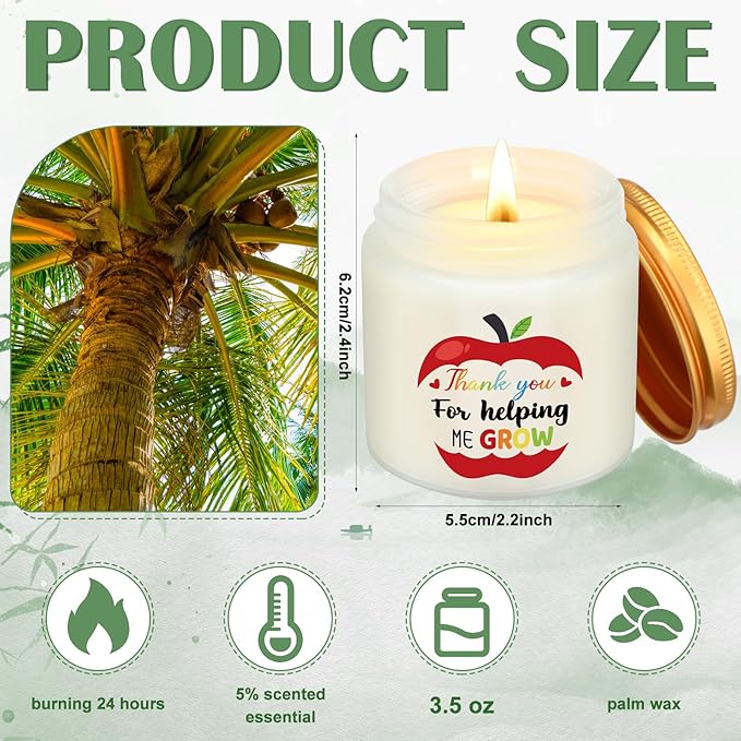 6 Pcs Christmas Teacher Appreciation Gift Candles, 3.5 oz Palm Wax Scented Jar Candles Thank You Teacher Graduation Gifts for Retirement End of The Year Graduation Xmas Gift, 6 Scents