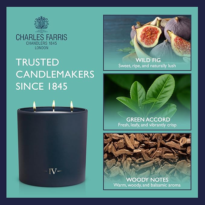 Charles Farris Luxury Scented Candle – 3 Wick, Hand-Poured, Long Lasting, Clean Burning, 640g / 22.5oz, Up to 80 Hours of Burn Time, Made in England – Wild Fig & Green Accords – Redolent Fig