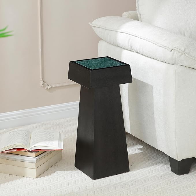 8.6-inch Marble Pedestal Side Table, Stone Finish Top Accent Drink Table for Living Room, Square Small End Coffee Counter, Full Assembly for Small Space Office - Black