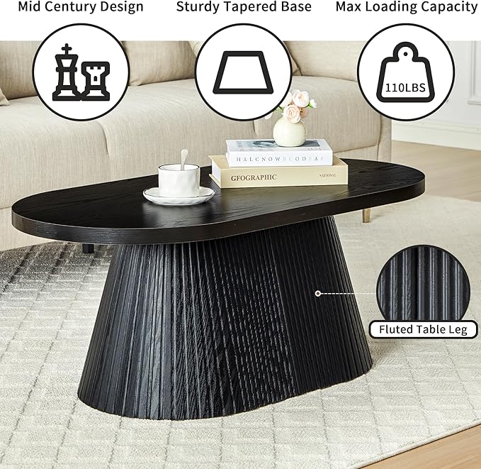 Fluted Coffee Table with Sturdy Tapered Base, Wood Oval Small Coffee Table, Mid Century Modern Center Table for Living Room Office (Black)