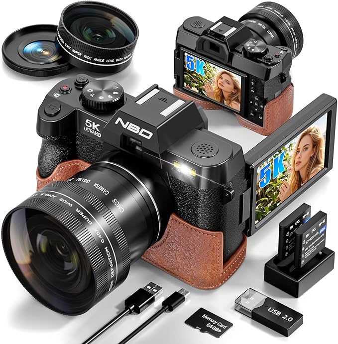 True 5K 64MP Digital Cameras for Photography with Wide Angle & Macro Lens, Wi-Fi, 16X Zoom Autofocus, 64GB Card & 2 Batteries, Leather Case, Vlogging Camera for YouTube Travel (Black)