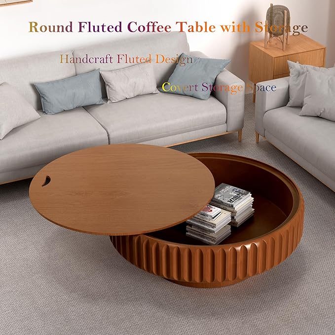 39.37" Round Drum Coffee Table with Storage Retro Rustic Center Table - Solid Wood Handcrafted Relief Veneer for Farmhouse Apartment (B Round 39.37in)