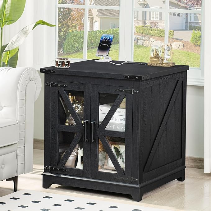 Farmhouse End Table, 24" Large Sofa Side Table with Charging Station Glass Barn Door, Wood Nightstand with Adjustable Storage Shelf, Square Bedside Table for Living Room, Bedroom