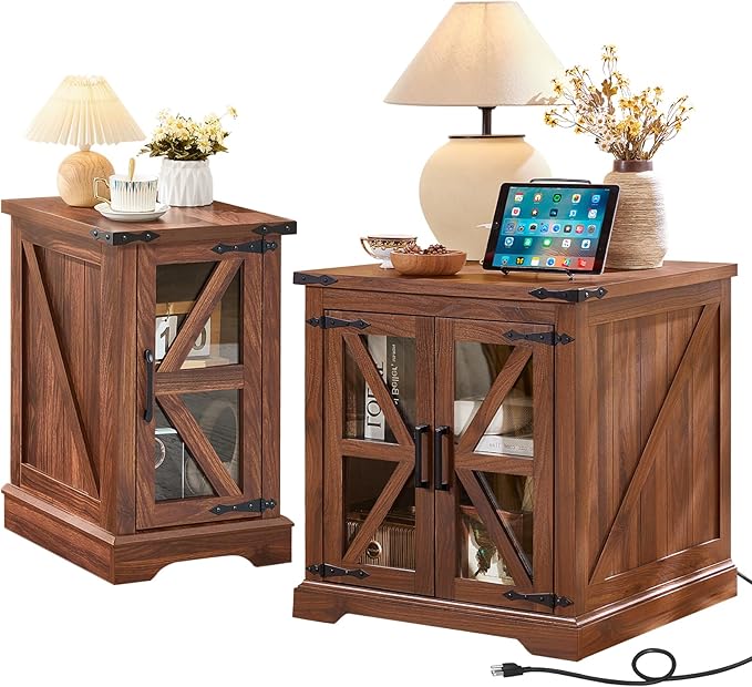 Farmhouse End Tables Living Room Set of 2, Small Night Stand and 24" Large Side Table with Charger Station, Wood Furniture Sets, Nightstand Bedside End Table for Bedroom