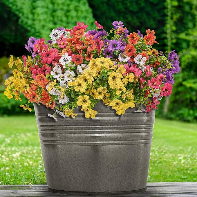 Fake Flowers UV Resistant,15 Bundles Artificial Flowers for Outdoors ，ARealistic Fake Plants for Outdoors，Hanging Baskets,Patio, Porch and Garden Decor