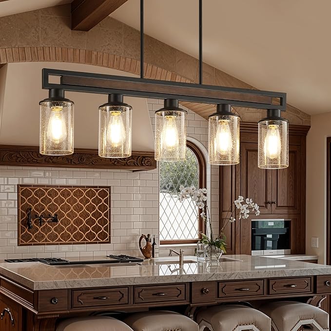 Farmhouse Dining Room Light Fixture, 5-Light Wood Kitchen Island Lighting for Dining Room Over Table, Black Adjustable Pendant Light with Seeded Glass Shades, Linear Chandeliers Lighting for Kitchen