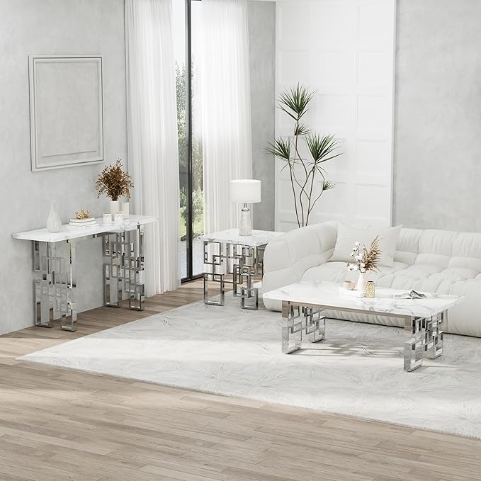 AUZ Silver End Table, Modern Square Living Room Side Table with White Faux Marble Top and Mirrored Silver Metal Geometric Base