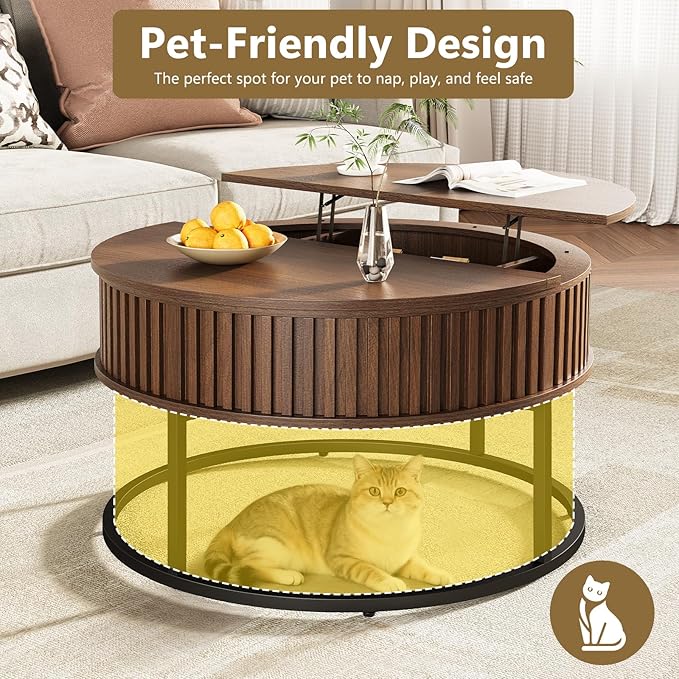 Round Coffee Table with Lift Top - Fluted Wood Center Coffee Tables for Living Room, Lifting Up for Dining, Large Hidden Circle Storage Compartment for Small Spaces, Mid Century Modern, Walnut