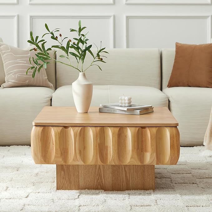 31.1" Square Lift-Top Coffee Table, Modern Fluted Tea Table with Hidden Storage for Living Room, Apartment or Office, Nature