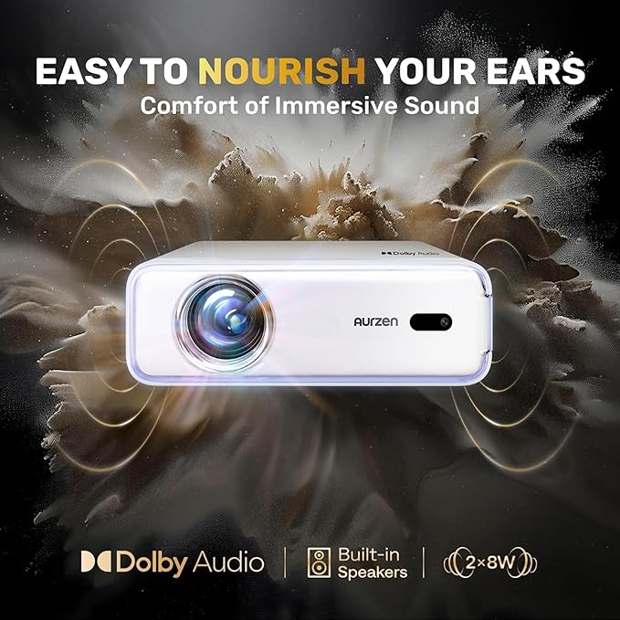 Aurzen EAZZE D1 Smart Projector with WiFi and Bluetooth, Christmas Gifts, Netflix-Officially-Licensed, Auto Focus & Keystone, DoIby Audio, Native 1080P Movie, Portable Outdoor Mini Projector, White