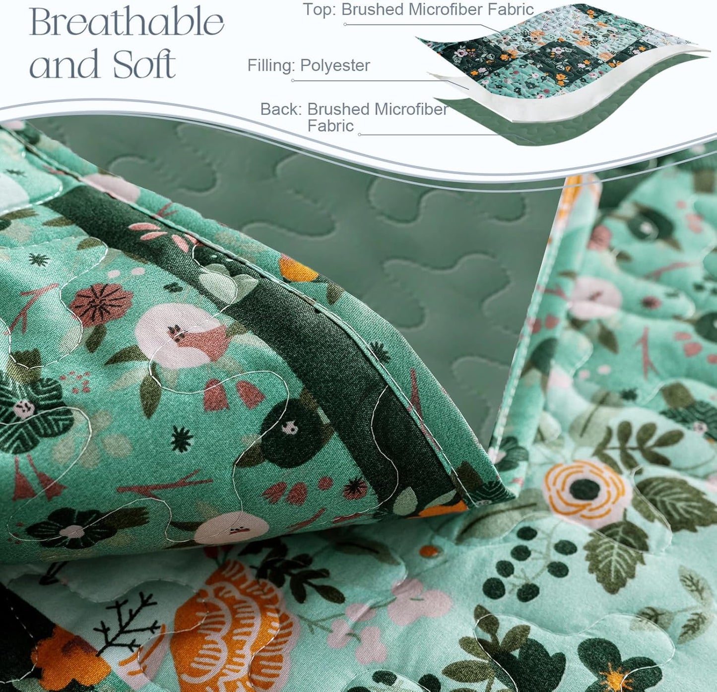 Exclusivo Mezcla Reversible Boho Quilt Set Twin Size, 2 Pieces Patchwork Green All Season Bedspreads, Ultra Soft Floral Coverlet Bedding Set with Printed Pattern (1 Quilt, 1 Pillow Sham)