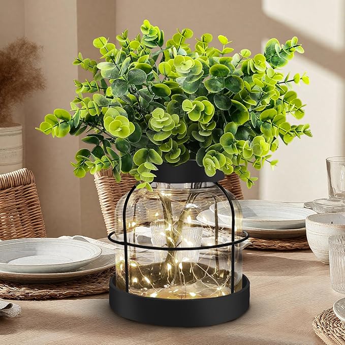 Rustic Farmhouse Glass Vases with Green Artificial Eucalyptus Plants & Lights Primitive Vintage Lantern Home Decor Centerpiece for Counter Coffee Table Shelf Office Dining Room Kitchen Bathroom,Black