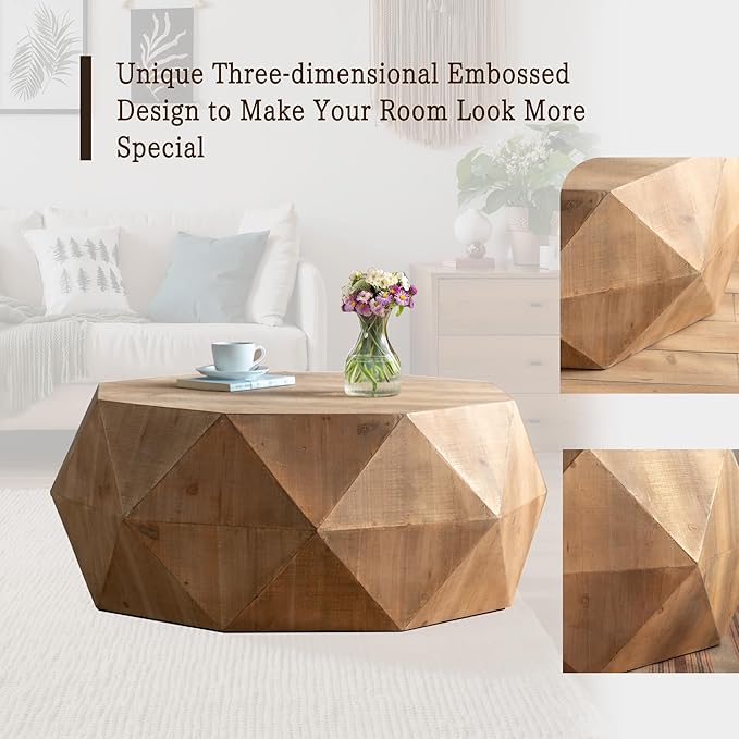 38" Modern Farmhouse Coffee Table, Drum Coffee Table for Office, Dining Room and Living Room, Nature