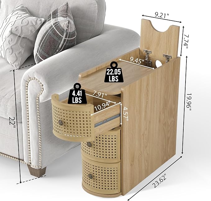 Metal Rattan Narrow End Table with Charging Station, Boho Side Table with Drawers Storage, Small Night Stand with Power Outlets and USB Ports, Sofa Side Table for Living Room - Natural