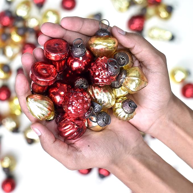 75 Pieces Glass Red Gold Christmas Ornaments Decorative Mercury Mini Vintage Bulk Hanging Ornaments for Halloween, Christmas Tree, New Year, Valentine Day, Holidays, Event and Wedding Party Decor