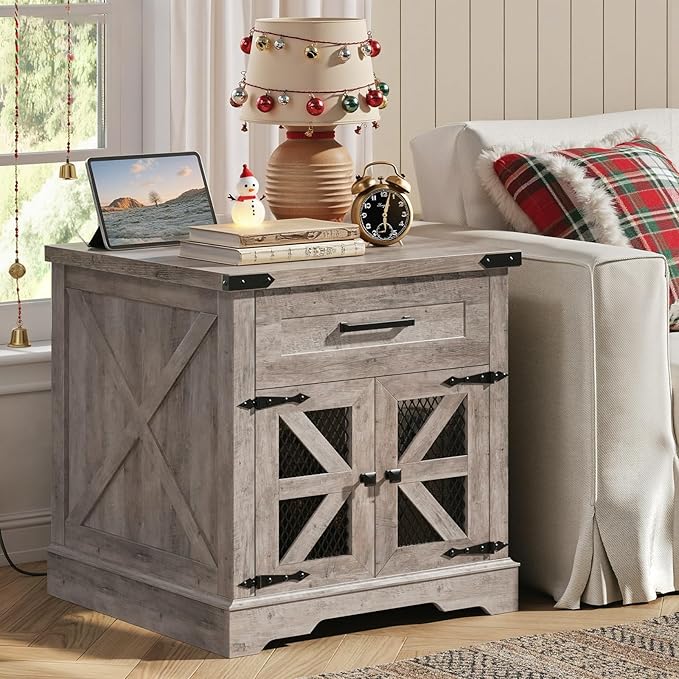 Farmhouse End Table Set of 2, 24" Large Sofa Side Table with Drawer, Large End Table for Living Room, Wooden Nightstand with Charging Station, Square, Greige