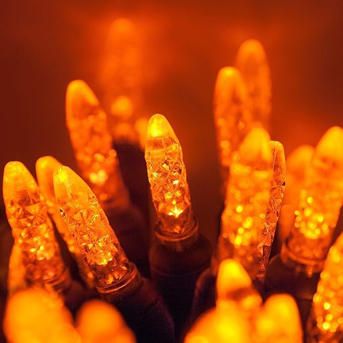 M5 LED Mini Ice Amber Prelamped Light Set, Green Wire - 70 M5 Amber LED Christmas Lights, 4" Spacing